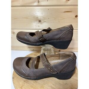 CLARKS Unstructured Mary Jane Shoes Dbl Straps Round Toe Brown Leather 9.5M